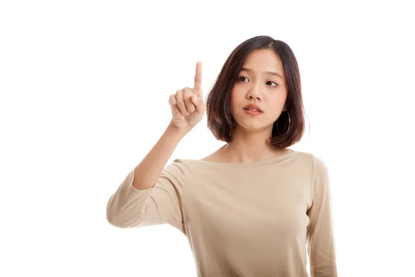 亚洲业务女人用她的手指触摸屏幕 — 图库照片
