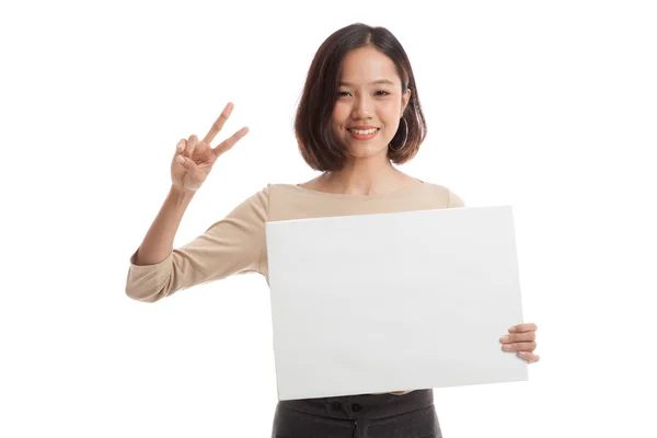 Young Asian business woman show victory sign with blank sign — Stock Photo, Image