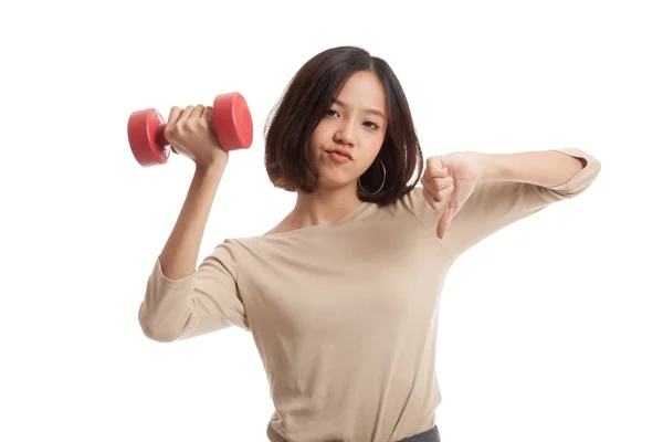 Unhappy Asian business woman thumbs down with dumbbells — Stock Photo, Image