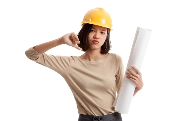 Asian engineer woman thumbs down with blueprints — Stock Photo, Image