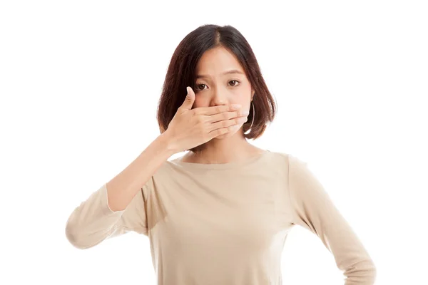 Jonge Aziatische zakenvrouw sluit haar mond met de hand — Stockfoto