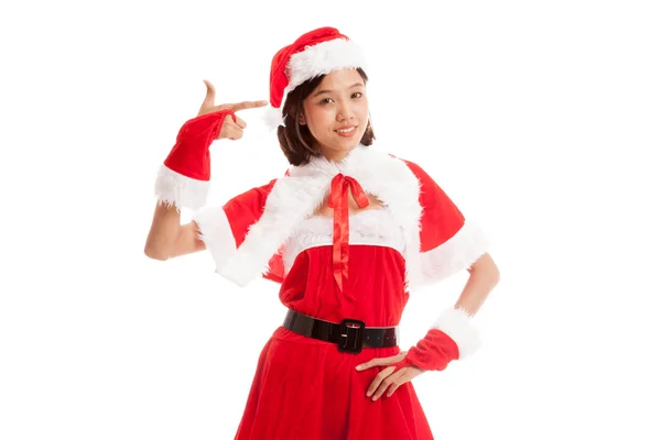 Asian Christmas Santa Claus girl  point to blank space — Stock Photo, Image