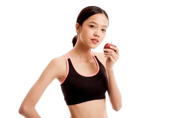 Hermosa chica sana asiática con manzana roja — Foto de Stock