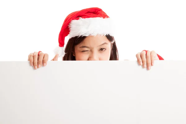 Asian Christmas Santa Claus girl with blank sign — Stock Photo, Image