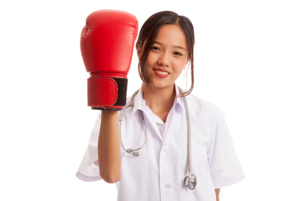 Young Asian female doctor with boxing glove — Stock Photo, Image