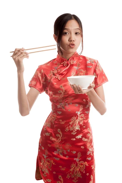 Asian girl in chinese cheongsam dress with  chopsticks — Stock Photo, Image
