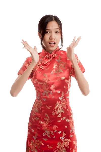 Excited Asian girl in chinese cheongsam dress — Stock Photo, Image