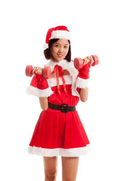 Asian Christmas Santa Claus girl and  dumbbells — Stock Photo, Image