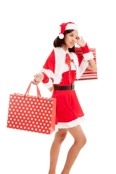 Asiática Navidad Santa Claus chica con bolsas de compras —  Fotos de Stock