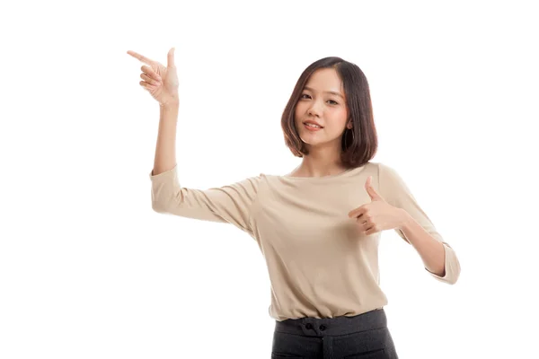 Young Asian business woman point and thumbs up — Stock Photo, Image