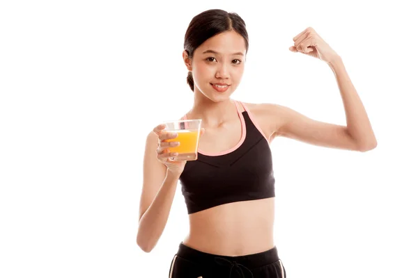 美丽健康的亚洲女孩喝橙汁弯曲双 — 图库照片