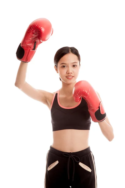 Beautiful healthy Asian girl with red boxing glove — Stock Photo, Image