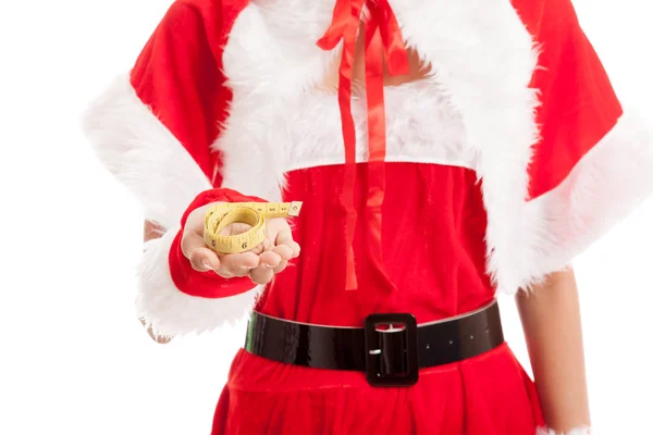 Asiático Natal Papai Noel menina dieta com fita métrica — Fotografia de Stock