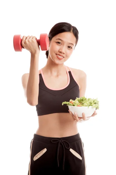 Beautiful Asian healthy girl with dumbbell and salad — Stock Photo, Image