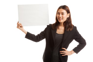 Genç Asyalı iş kadını beyaz boş işareti ile.