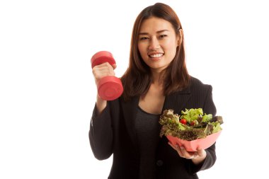 Dambıl ve salata ile sağlıklı Asya iş kadını.