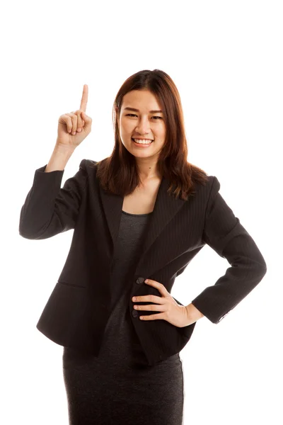 Joven mujer de negocios asiática sonrisa y punto arriba . —  Fotos de Stock