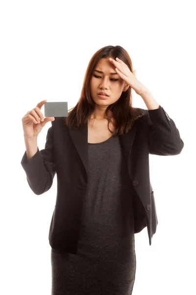 Young Asian business woman headache with a blank card. — Stock Photo, Image