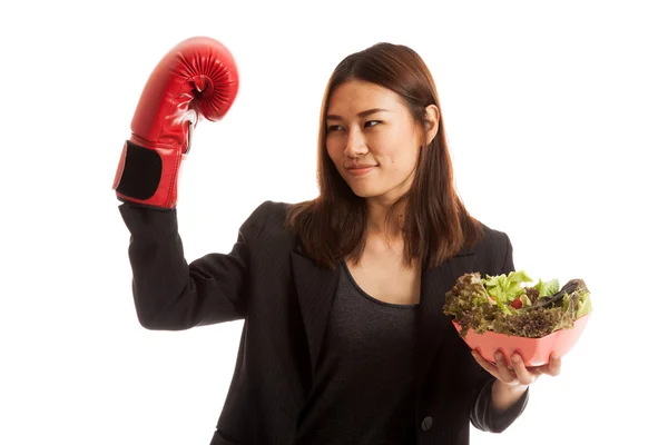 Young Asian business woman with boxing glove and salad. — Stock Photo, Image