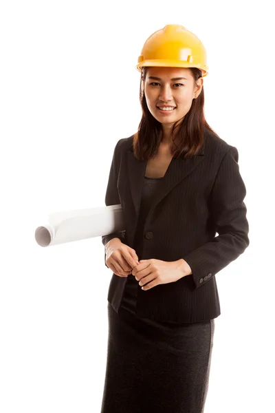 Asian engineer woman with blueprints. — Stock Photo, Image