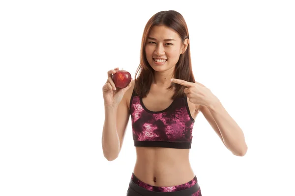 Mooie Aziatische gezond meisje wijs rode appel. — Stockfoto