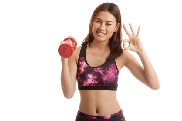 Gyönyörű ázsiai egészséges lány Térkép rendben van a súlyzó. — Stock Fotó