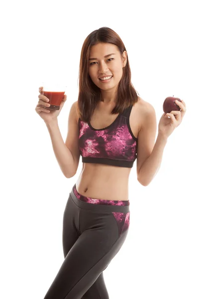 Szép egészséges ázsiai lány, paradicsomlé és almával. — Stock Fotó