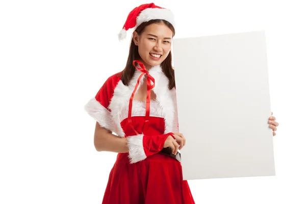 Asiático Natal Papai Noel menina com sinal em branco . — Fotografia de Stock
