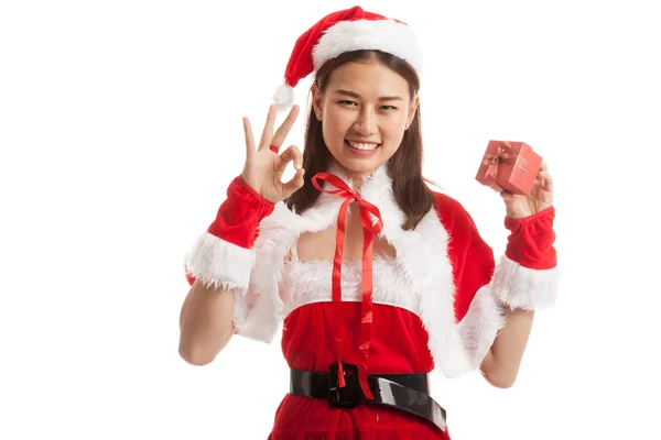 Asian Christmas Santa Claus girl show OK  and  gift box  isolate — Stock Photo, Image