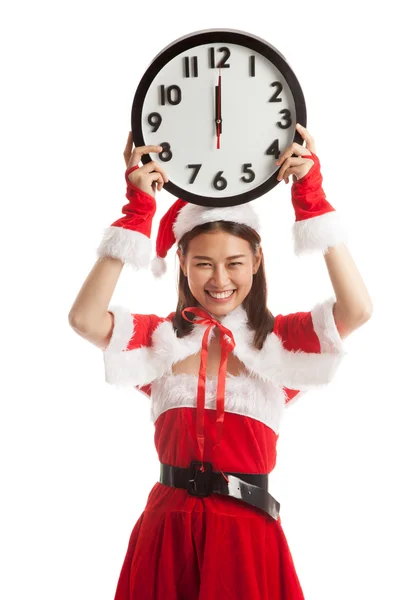 Asian Christmas Santa Claus girl  and clock at midnight. — Stock Photo, Image