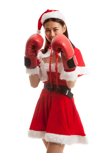 Asiatische Weihnachten Weihnachtsmann Mädchen mit Boxhandschuh. — Stockfoto