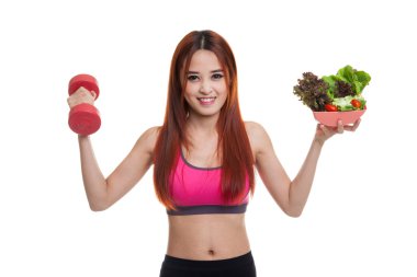 Güzel Asyalı sağlıklı kız dumbbell ve salata ile.