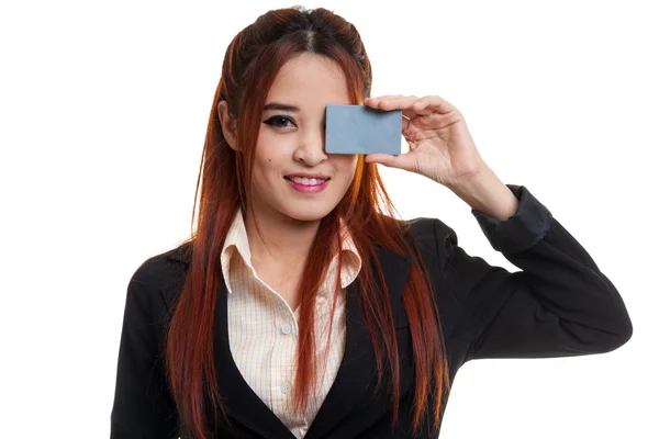 Young Asian business woman with  blank card over her eye. — Stock Photo, Image