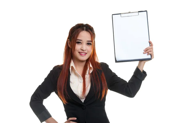 Young Asian business woman show blank clipboard. — Stock Photo, Image