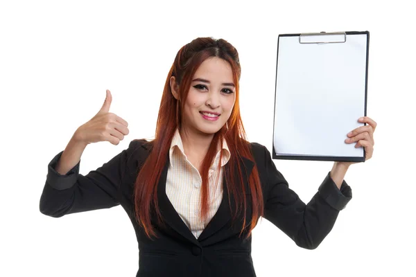 Asiático mulher de negócios mostrar polegares para cima e área de transferência em branco . — Fotografia de Stock