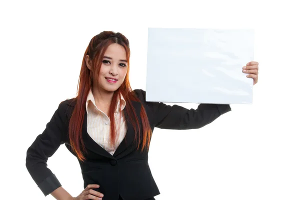 Joven mujer de negocios asiática con blanco signo en blanco . — Foto de Stock