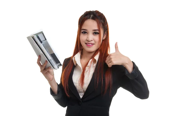 Young Asian business woman thumbs up with a book. — Stock Photo, Image