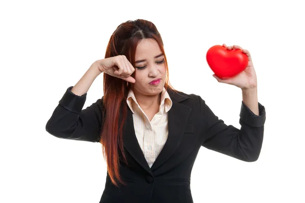 Asian business woman sad and cry with red heart. — Stock Photo, Image