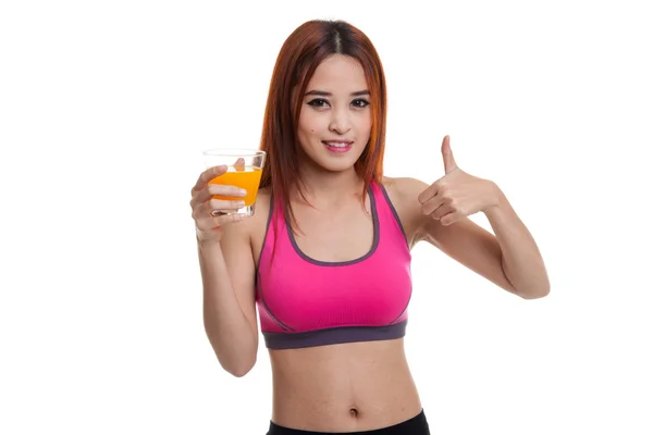 Bela ásia saudável menina beber laranja suco polegares até . — Fotografia de Stock
