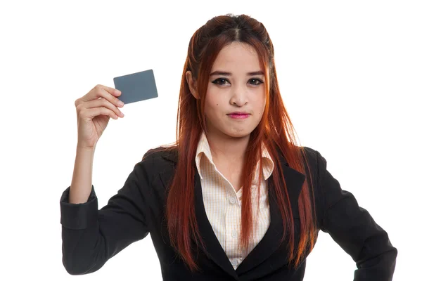 Joven mujer de negocios asiática con una tarjeta en blanco . — Foto de Stock