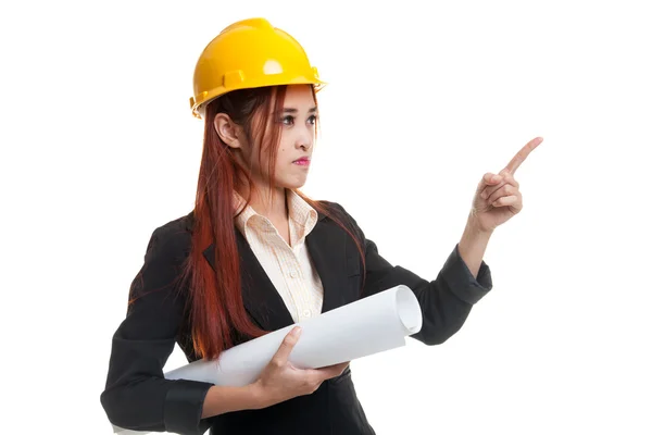 Asian engineer woman pointing with blueprints. — Stock Photo, Image