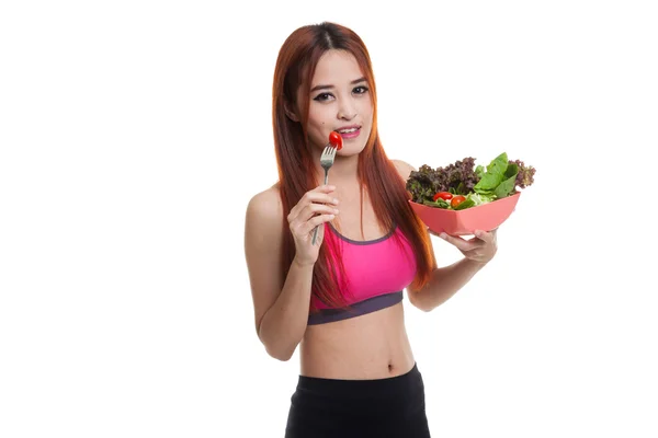 아름 다운 아시아 건강 한 소녀 샐러드를 먹고 즐길 수. — 스톡 사진
