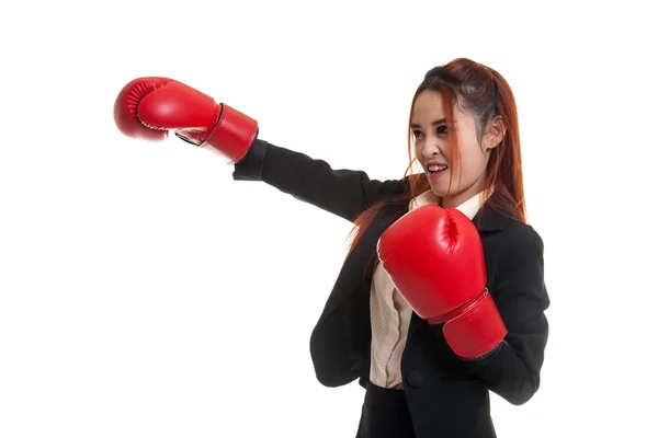 Young Asian business woman with red boxing gloves. — Stock Photo, Image