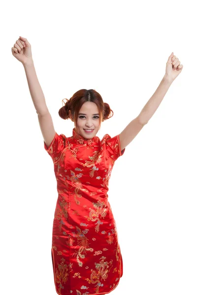 Happy Asian girl in chinese cheongsam dress. — Stock Photo, Image