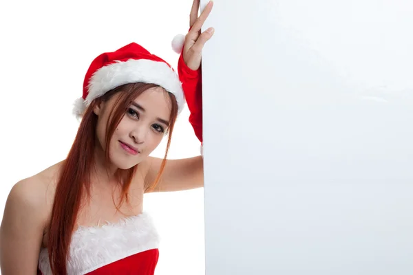 Asiática navidad santa claus chica con blanco signo . —  Fotos de Stock