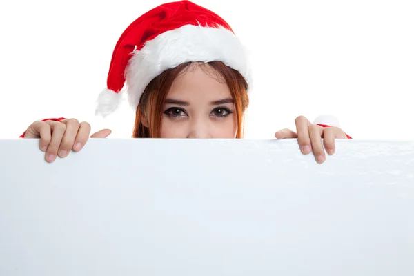 Asian Christmas Santa Claus girl with blank sign. — Stock Photo, Image