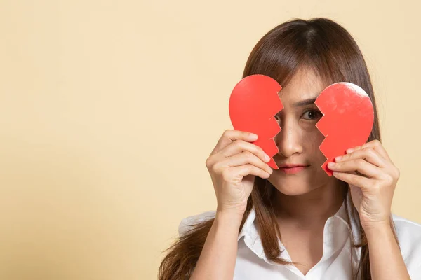 Beautiful Young Asian Woman Broken Heart Beige Background — Stock Photo, Image