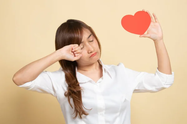 Asian Woman Sad Cry Red Heart Beige Background — Stock Photo, Image