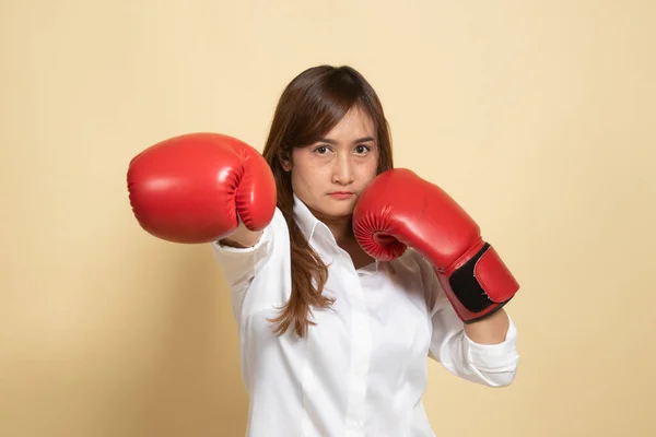 Young Asian Woman Red Boxing Gloves Beige Background — Stock Photo, Image