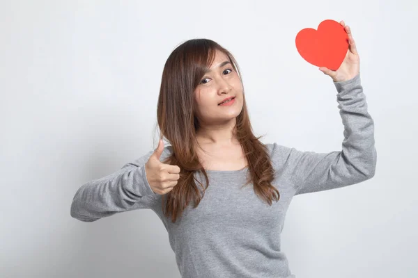 Asian Woman Thumbs Red Heart White Background — Stock Photo, Image